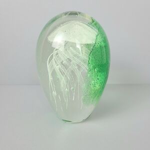 Jelly Fish Mushroom Oceanic Green White Swirl Art Glass Paperweight